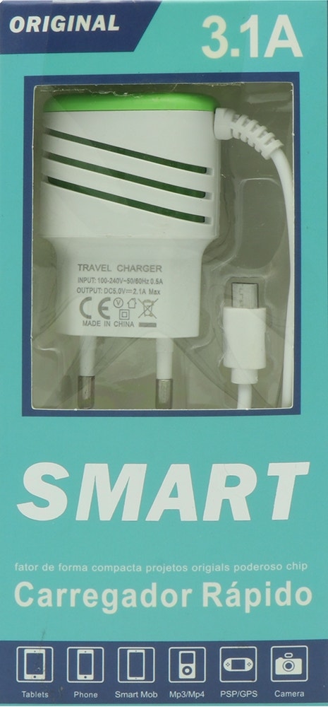 Carregador de parede Universal SMART Micro-USB 1200mm - Verde/Branco